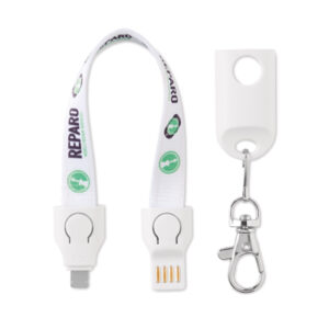 Lanyard with logo Charging cable MC1004 2 in 1 Charging cable lanyard with logo USB-A to Micro-B (2-pin). Only for charging, not for data-transfer. A full colour sublimation design on both sides is included. Material: polyester + plastic. Individually poly bagged. Available in 3 different lengths: 12cm, 20cm, 90cm. We use different printing techniques to add your logo. Depending on the surface we can use embroidery, engraving, 360° imprint or screenprint.