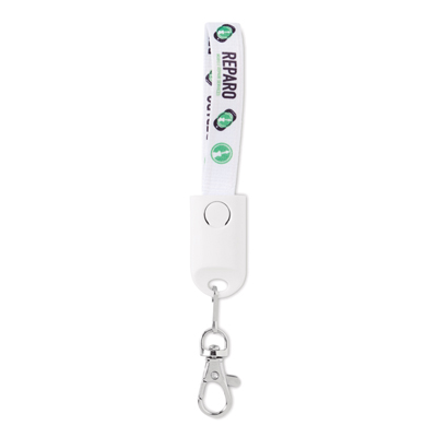 MC1004 Charging cable lanyard with logo 2 in 1 Charging cable lanyard with logo USB-A to Micro-B (2-pin). Only for charging, not for data-transfer. A full colour sublimation design on both sides is included. Material: polyester + plastic. Individually poly bagged. Available in 3 different lengths: 12cm, 20cm, 90cm. We use different printing techniques to add your logo. Depending on the surface we can use embroidery, engraving, 360° imprint or screenprint.