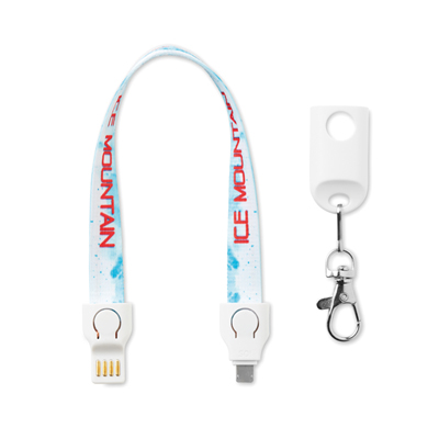 MC1004 Charging cable lanyard with logo 2 in 1 Charging cable lanyard with logo USB-A to Micro-B (2-pin). Only for charging, not for data-transfer. A full colour sublimation design on both sides is included. Material: polyester + plastic. Individually poly bagged. Available in 3 different lengths: 12cm, 20cm, 90cm. We use different printing techniques to add your logo. Depending on the surface we can use embroidery, engraving, 360° imprint or screenprint.