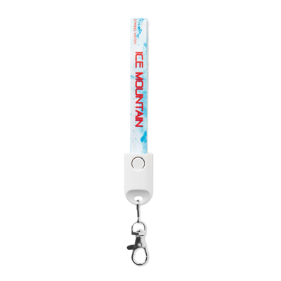 MC1004 Charging cable lanyard with logo 2 in 1 Charging cable lanyard with logo USB-A to Micro-B (2-pin). Only for charging, not for data-transfer. A full colour sublimation design on both sides is included. Material: polyester + plastic. Individually poly bagged. Available in 3 different lengths: 12cm, 20cm, 90cm. We use different printing techniques to add your logo. Depending on the surface we can use embroidery, engraving, 360° imprint or screenprint.