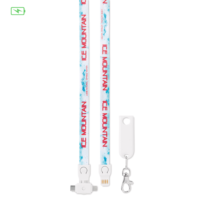 Lanyard with logo Charging cable MC1005 3 in 1 Charging cable lanyard with logo and USB-A to Micro-B (2-pin) and Type-C. Only for charging, not for data-transfer. A full colour sublimation design on both sides is included. Material: polyester + plastic. Individually poly bagged. Available in 3 different lengths: 12cm, 20cm, 90cm We use different printing techniques to add your logo. Depending on the surface we can use embroidery, engraving, 360° imprint or screenprint.