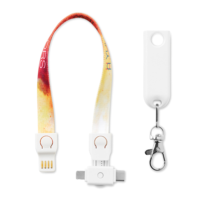 MC1005 Charging cable lanyard with logo 3 in 1 Charging cable lanyard with logo and USB-A to Micro-B (2-pin) and Type-C. Only for charging, not for data-transfer. A full colour sublimation design on both sides is included. Material: polyester + plastic. Individually poly bagged. Available in 3 different lengths: 12cm, 20cm, 90cm We use different printing techniques to add your logo. Depending on the surface we can use embroidery, engraving, 360° imprint or screenprint