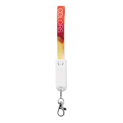 MC1005 Charging cable lanyard with logo 3 in 1 Charging cable lanyard with logo and USB-A to Micro-B (2-pin) and Type-C. Only for charging, not for data-transfer. A full colour sublimation design on both sides is included. Material: polyester + plastic. Individually poly bagged. Available in 3 different lengths: 12cm, 20cm, 90cm We use different printing techniques to add your logo. Depending on the surface we can use embroidery, engraving, 360° imprint or screenprint