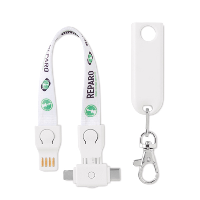 MC1005 Charging cable lanyard with logo 3 in 1 Charging cable lanyard with logo and USB-A to Micro-B (2-pin) and Type-C. Only for charging, not for data-transfer. A full colour sublimation design on both sides is included. Material: polyester + plastic. Individually poly bagged. Available in 3 different lengths: 12cm, 20cm, 90cm We use different printing techniques to add your logo. Depending on the surface we can use embroidery, engraving, 360° imprint or screenprint