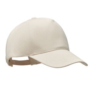 Baseball cap with logo Bicca 5 Panel baseball cap with logo made from 250 gr/m² organic brushed cotton. With metal adjustable strap back buckle closure. This stylish hat will keep the sun out of your face as wel as compliment your daily outfit. Because its made from organic cotton, it is a sustainable choice.