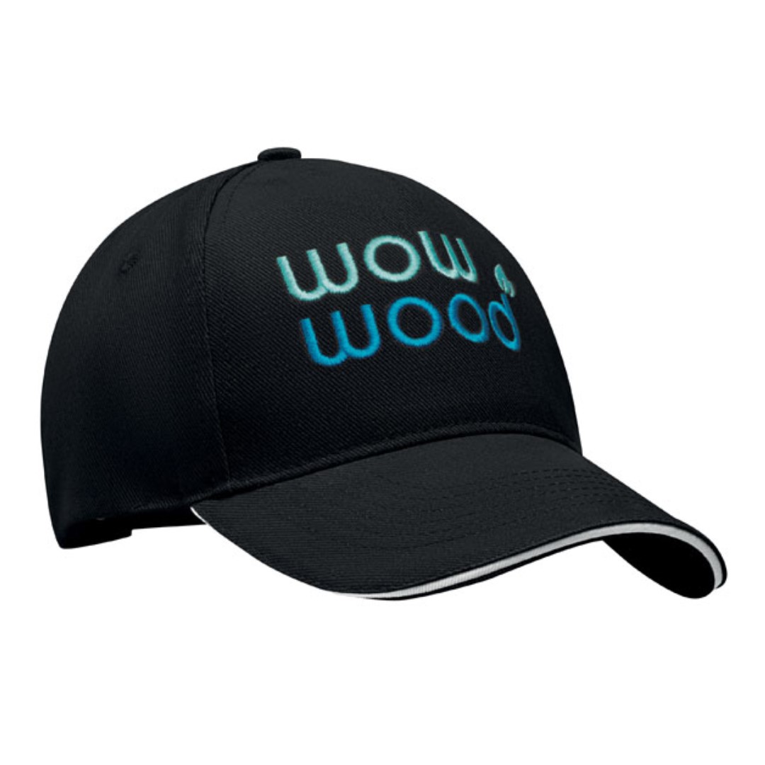 Baseball cap with logo Singa 5 Panel baseball cap with logo in heavy brushed twill cotton 260 gm/m2. With silver steel buckle. Size 7 1/4. 4 embroidered eyelets in matching colour.