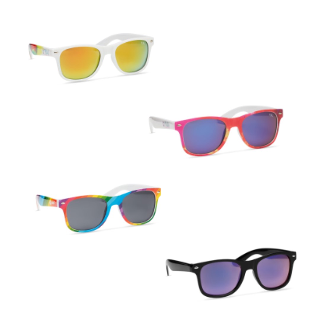 Gadget with logo Sunglasses MPSG01 Fully customized PC Sunglasses with optional antibacterial treatment (ISO 22196). Create your favorite design Sunglasses with the numerous possibilities. PC frame colour: choose one (or two) of the popular standard colors or have your PMS colour closely matched. Logo design: add a silkscreen logo or have the outside printed with your edge-to-edge (full colour) design. Lens (UV400, CE): choose the darktinted 'smoke' lens or change them for one of the coloured 'mirrored' lenses.