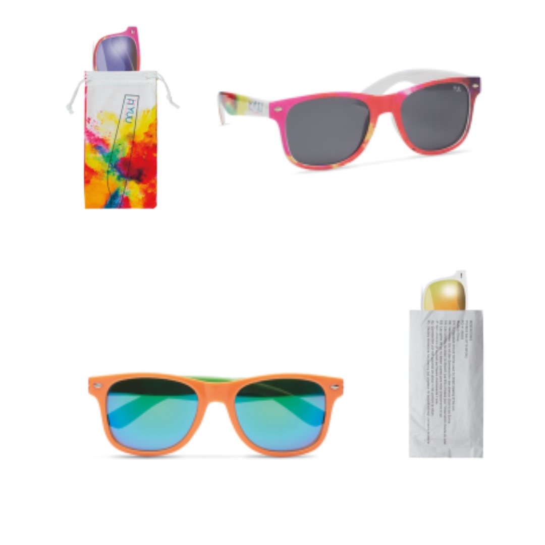 Gadget with logo Sunglasses MPSG01 Fully customized PC Sunglasses with optional antibacterial treatment (ISO 22196). Create your favorite design Sunglasses with the numerous possibilities. PC frame colour: choose one (or two) of the popular standard colors or have your PMS colour closely matched. Logo design: add a silkscreen logo or have the outside printed with your edge-to-edge (full colour) design. Lens (UV400, CE): choose the darktinted 'smoke' lens or change them for one of the coloured 'mirrored' lenses.