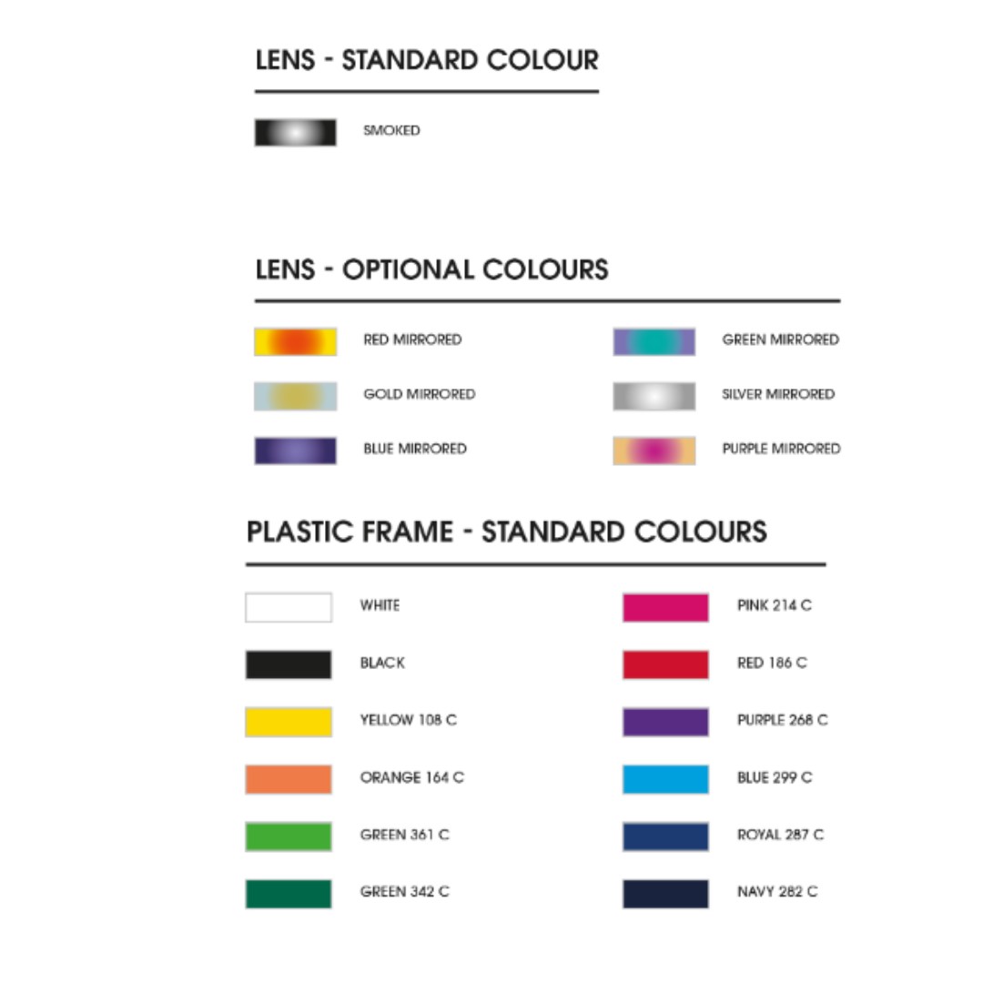 Gadget with logo Sunglasses MPSG01 Fully customized PC Sunglasses with optional antibacterial treatment (ISO 22196). Create your favorite design Sunglasses with the numerous possibilities. PC frame colour: choose one (or two) of the popular standard colors or have your PMS colour closely matched. Logo design: add a silkscreen logo or have the outside printed with your edge-to-edge (full colour) design. Lens (UV400, CE): choose the darktinted 'smoke' lens or change them for one of the coloured 'mirrored' lenses.