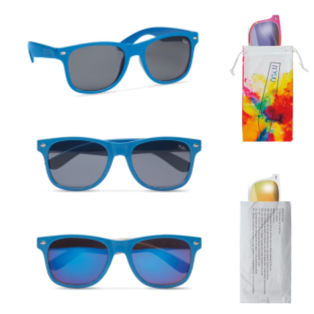 Gadget with logo sunglasses MPSG03 Create your favorite design gadget with logo Sunglasses with the numerous possibilities. wheat straw/PP frame colour: choose one of the popular standard colors or have your PMS colour closely matched. Logo design: add a silkscreen logo on both arms. Lens (UV400, CE): choose the darktinted 'smoke' lens or change them for one of the coloured 'mirrored' lenses. You can add a 1 colour logo on them or even add an allover pinhole sticker design. Greener packaging: the sunglasses are individually packed in a paper pouch. (image A) Add a full colour printed RPET pouch as a final touch! (image B) Magnus Business Gifts is your partner for merchandising, gadgets or unique business gifts since 1967.