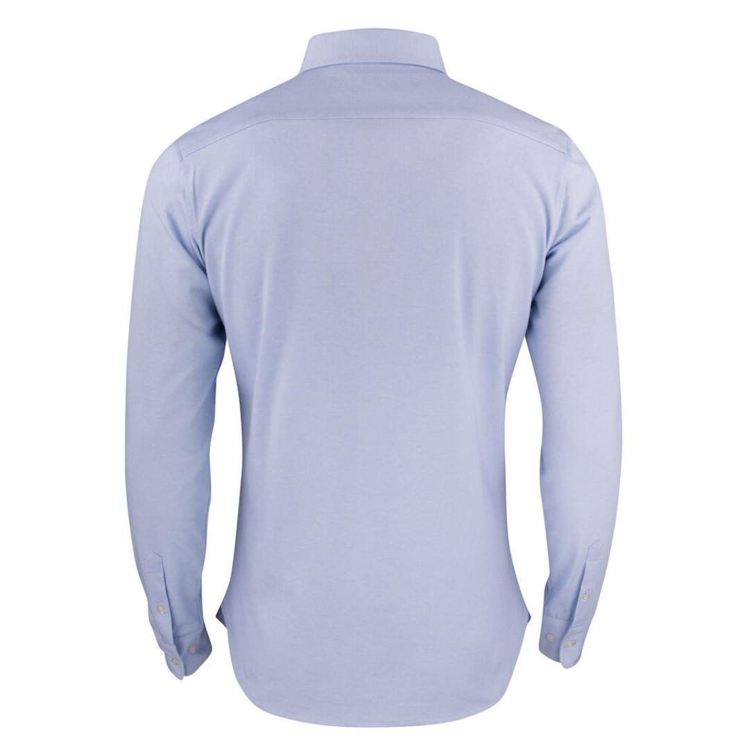 Shirt with logo in jersey material with an oxford look. Woven details on the inside of the collar and side slits. The men's version has a button down collar. Buttons in mother-of-pearl color. Adjustable cuffs. Magnus Business Gifts is your partner for merchandising, gadgets or unique business gifts since 1967. Certified with Ecovadis gold!