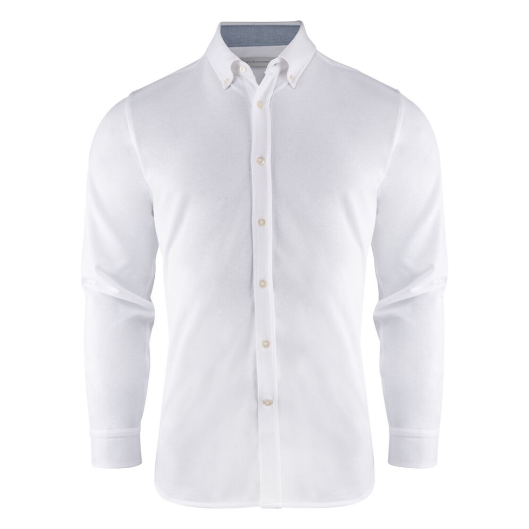 Shirt with logo in jersey material with an oxford look. Woven details on the inside of the collar and side slits. The men's version has a button down collar. Buttons in mother-of-pearl color. Adjustable cuffs. Magnus Business Gifts is your partner for merchandising, gadgets or unique business gifts since 1967. Certified with Ecovadis gold!