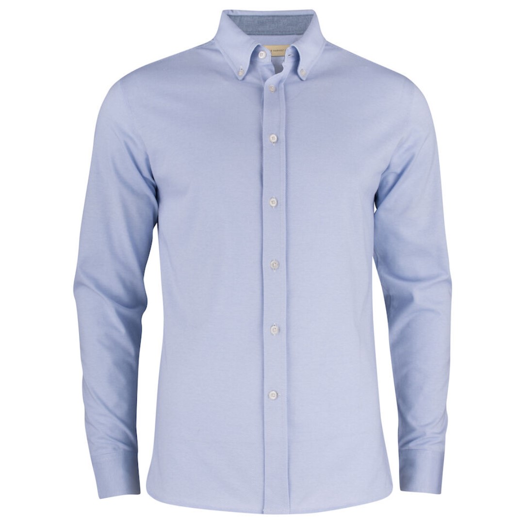 Shirt with logo Burlingham Shirt with logo in jersey material with an oxford look. Woven details on the inside of the collar and side slits. The men's version has a button down collar. Buttons in mother-of-pearl color. Adjustable cuffs. Magnus Business Gifts is your partner for merchandising, gadgets or unique business gifts since 1967. Certified with Ecovadis gold!