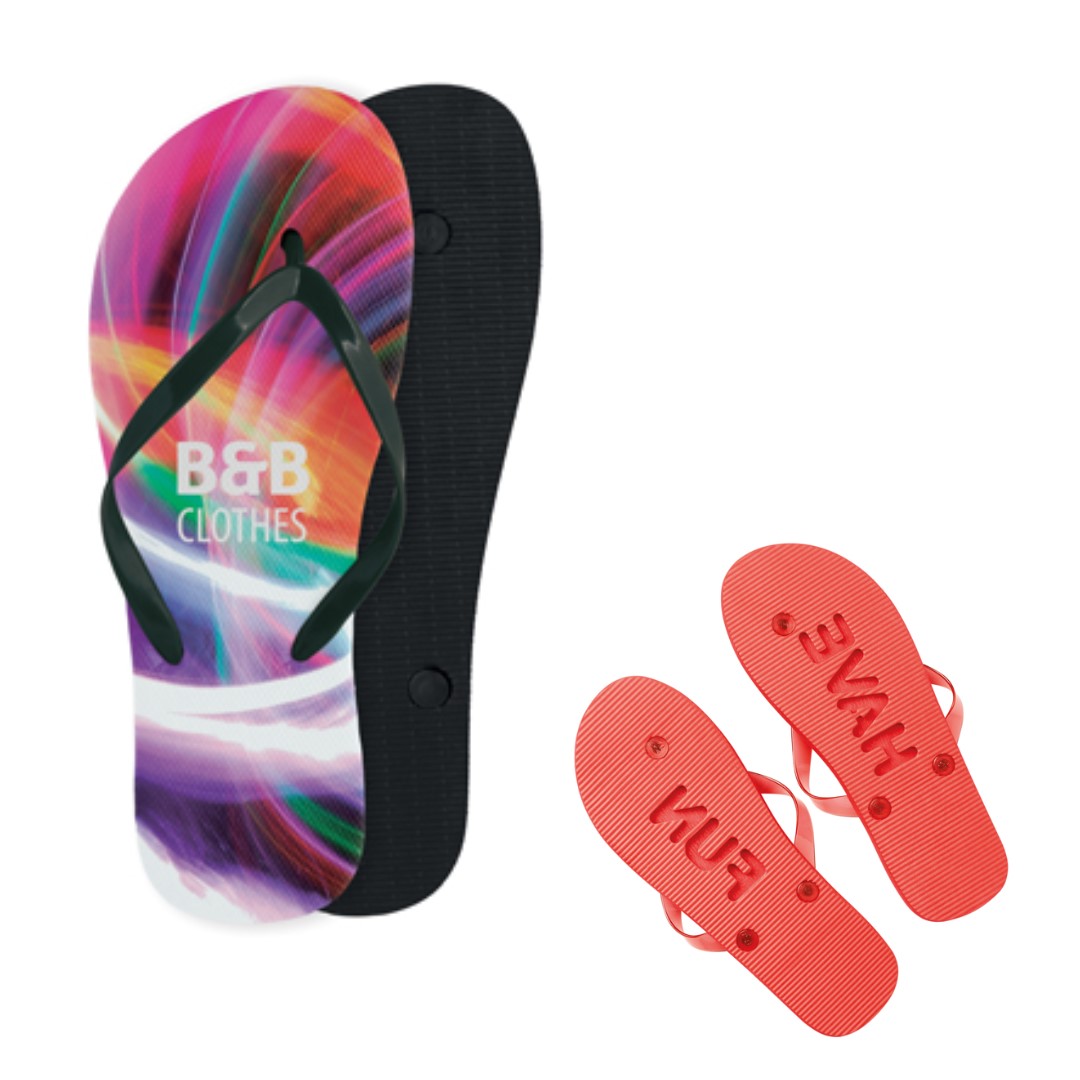 Double layer beach slippers with logo PMS colour single layer beach slippers with logo and PVC strap. Smooth surface, stripe pattern on the bottom sole (thickness 15mm). MOQ: 500 pairs per colour, size and design. Sizes 36-43. The first quantity shown is the MOQ for this item, in 1 design. Magnus Business Gifts is your partner for merchandising, gadgets or unique business gifts since 1967. Certified with Ecovadis gold 2022!