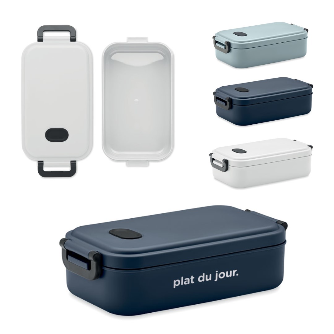Gadget with logo lunch box Indus Gadget with logo recycled PP lunch box with airtight lid, silicone valve and two side buckles. Capacity: 800 ml. Dishwasher safe. Available colors: 2x Bleu, white, grey and black. Magnus Business Gifts is your partner for merchandising, gadgets or unique business gifts since 1967. Certified with Ecovadis gold!