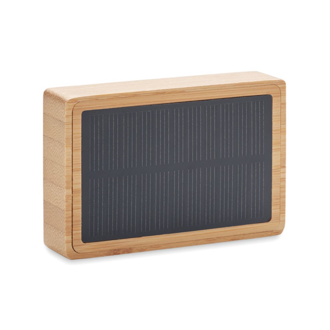 Audio gadget with logo Solar speaker Audio gadget with logo 5.0 wireless 3W solar powered speaker with bamboo casing. 1 Rechargeable Li-Ion 500 mAh battery. Playing time approx. 4h. Bamboo is a natural product, there may be slight variations in colour and size per item. Magnus Business Gifts is your partner for merchandising, gadgets or unique business gifts since 1967. Certified with Ecovadis gold!
