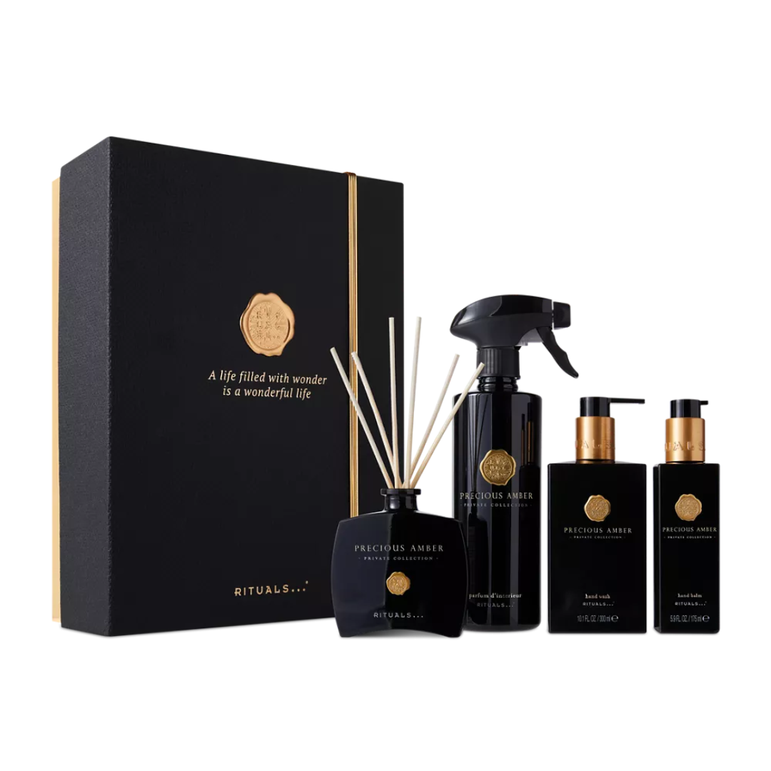 Rituals Gift Private Collection This luxury gift set is the perfect gift for a friend or family member, or just to treat yourself! The Private Collection Precious Amber gift box contains a selection of our most beautiful Home products: mini fragrance sticks 100 ml, hand soap 300 ml, hand balm 175 ml and interior perfume 500 ml. The aroma is made up of the scent of juniper and fresh cardamom. The spicy heart notes are mingled with luscious ylang ylang, followed by the additional notes of patchouli, vetiver and rich amber. Let the fragrance turn your room into a warm environment. Give the gift box a second life by storing photos, letters or other items. Magnus Business Gifts is your partner for merchandising, gadgets or unique business gifts since 1967. Certified with Ecovadis gold!
