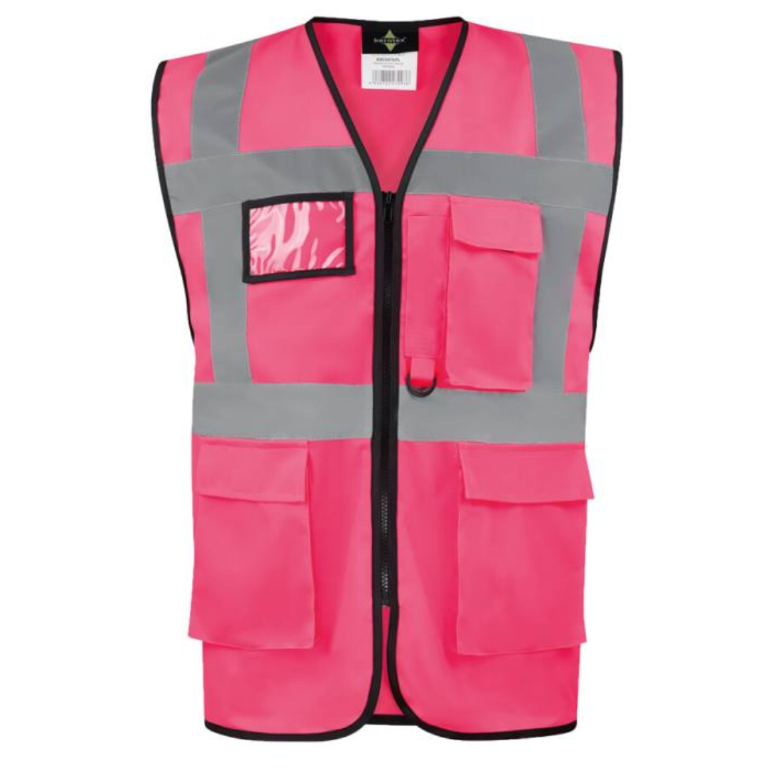 Safety vest with Logo Hamburg - Multi functional: ID-pocket, larger smartphone pocket, key ring - Two pockets with hook and loop closure, continuous zipper closure in the front - The colours and colour combinations in yellow and orange are certified according to EN ISO 20471:2013 - All „other“ colours are certified according to EN 17353 - Neon green and neon pink according to type AB3, all non-fluorescent colours according to type B3 - Four 5 cm wide reflective stripes (one across chest, one around body, two over the shoulders) - Continuous zipper closure in the front Available color: Sky Blue, Blue, Royal Blue, Neon Green, Green, Neon Pink, Red, Black Magnus Business Gifts is your partner for merchandising, gadgets or unique business gifts since 1967. Certified with Ecovadis gold!