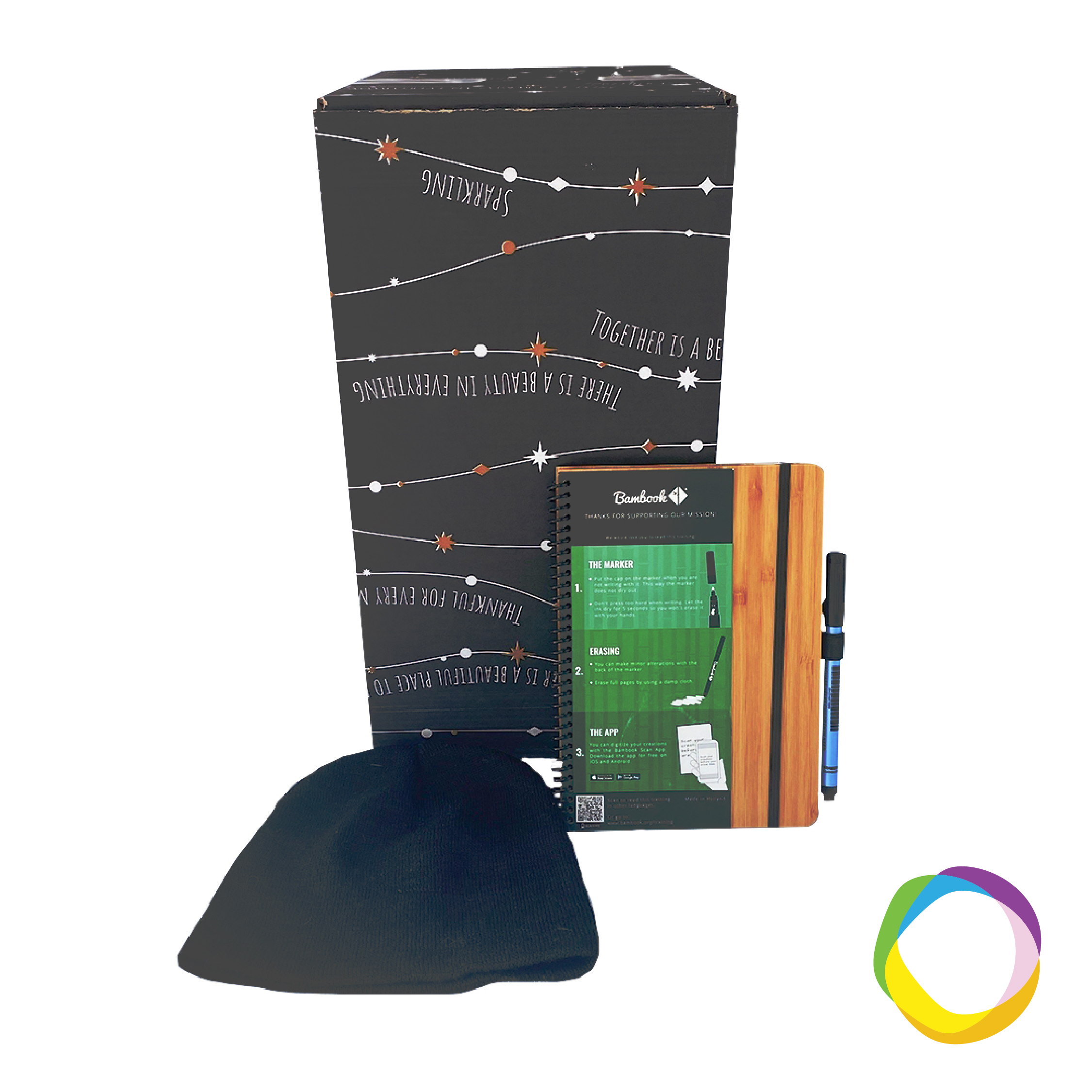 Gift box Beanie Winter The hardcover is made of a hard bamboo cover with your company logo can be engraved. The hardcover has a luxurious and sturdy look & feel. This makes the Hardcover ideal for when you are on the road a lot. Ecologically rewritable notebook A5. Never cut down trees again thanks to this notebook. Cotton beanie (95% cotton and 5% spandex) in 190 gr/m². Stay warm during colder days or just add some extra style to your outfit with this cotton beanie. minimum order is 50 pieces for personalization with logo. Magnus Business Gifts is your partner for merchandising, gadgets or unique business gifts since 1967. Certified with Ecovadis gold!