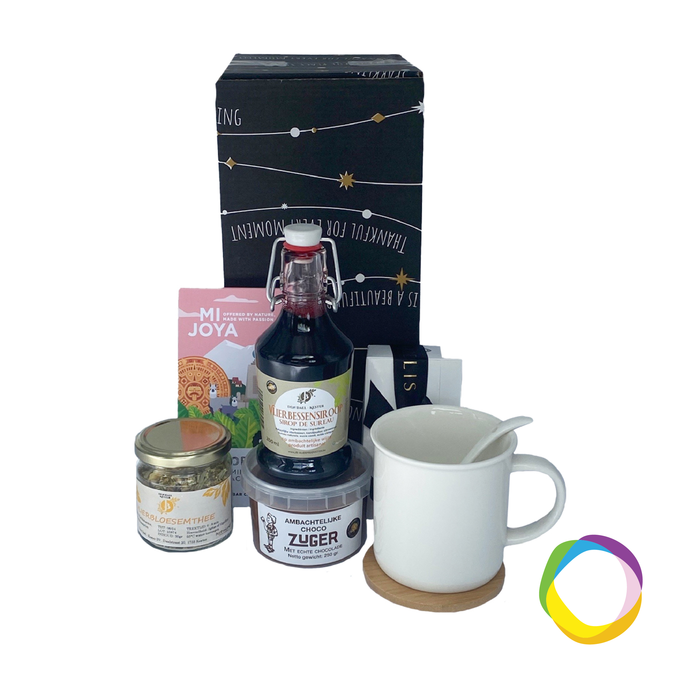 Gift box Artisan Sweets Go for a box filled with local artisan Belgian treats! This gift box contains artisan choco, 225gr artisan pralines, chocolate bar Li Soja, Elder-flower tea 6gr & Elder-flower syrup. Mug with spoon can be replaced with other printed gadgets. Magnus Business Gifts is your partner for merchandising, gadgets or unique business gifts since 1967. Certified with Ecovadis gold!