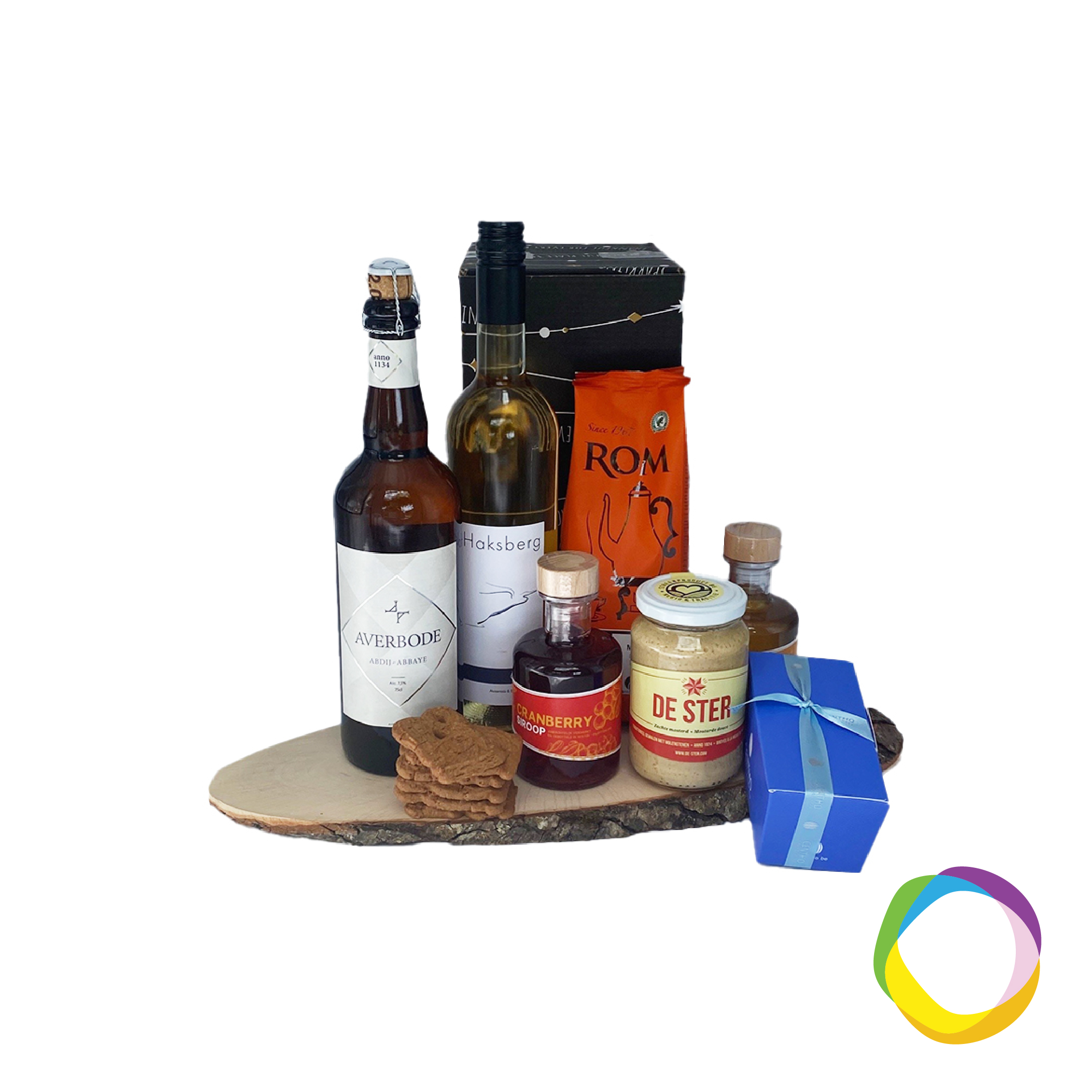 Gift box Chocolates & Wine Sophisticated and elegant, this exquisite arrangement is guaranteed to impress no matter the occasion! This box contains: Haksberg Cinera fruity white wine Averbode beer 75cl Mustard de ster cranberry syrup Elder-flower syrup Artisan Speculoos biscuits 225gr praline Wooden serving board. Your logo can be printed on the cutting board. Magnus Business Gifts is your partner for merchandising, gadgets or unique business gifts since 1967. Certified with Ecovadis gold!