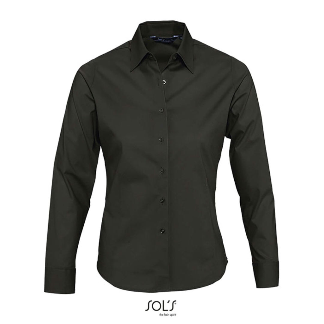 Shirt with logo Women EDEN SOL'S EDEN women shirt 140g. Made out of cotton elastane, with a close-fitting cut, it provides a pleasant ironed look and comfort. Very fashionable product. Close-fitting cut. Long sleeves. Single button collar. Adjustable cuffs with 2 buttons and bound slit. 7 tone-on-tone button placket. Front and back darts Fabric details: 97% cotton - 3% elastane. OEKO-TEX®. Only Sold with Print. Available color: White, Black Dimensions: 55 X 37 X 17 CM Volume: 0.001 cdm3 Gross Weight: 0.266 kg Net Weight: 0.2 kg Magnus Business Gifts is your partner for merchandising, gadgets or unique business gifts since 1967. Certified with Ecovadis gold!
