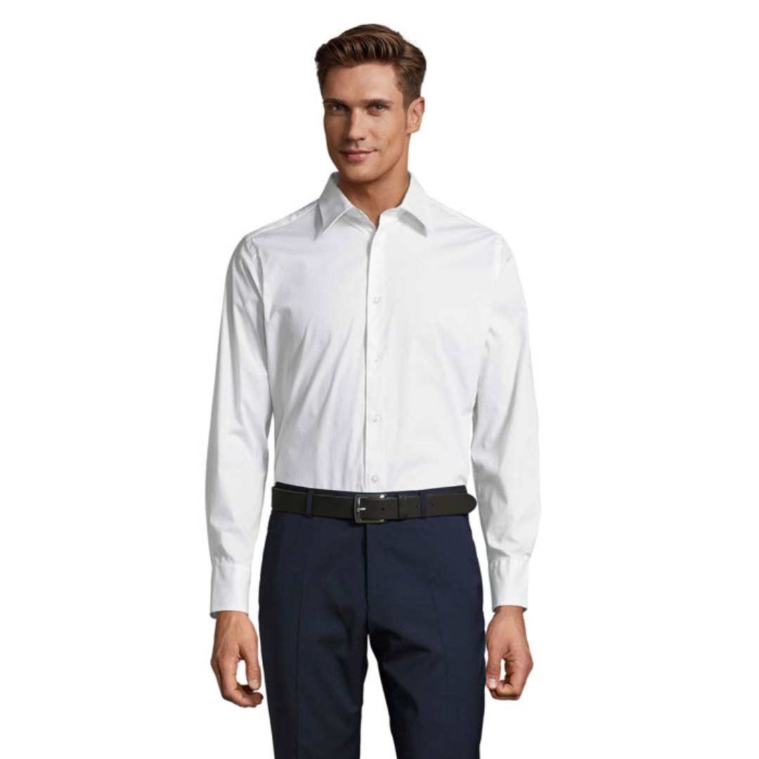 Shirt with logo Men BRIGHTON SOL'S BRIGHTON Men Shirt 140g. Made out of cotton elastane, with a fitted cut, it provides a pleasant ironed look and comfort. Very trendy product. Fitted cut. Long sleeves. Single button collar. Cuffs with 2 buttons and bound slit. 7 tone-on-tone button placket. Fabric details: 97% cotton - 3% elastane. OEKO-TEX®. Only Sold with Print. Available color: White, Black Dimensions: 57 X 37 X 30 CM Volume: 0.001 cdm3 Gross Weight: 0.361 kg Net Weight: 0.3 kg Magnus Business Gifts is your partner for merchandising, gadgets or unique business gifts since 1967. Certified with Ecovadis gold!