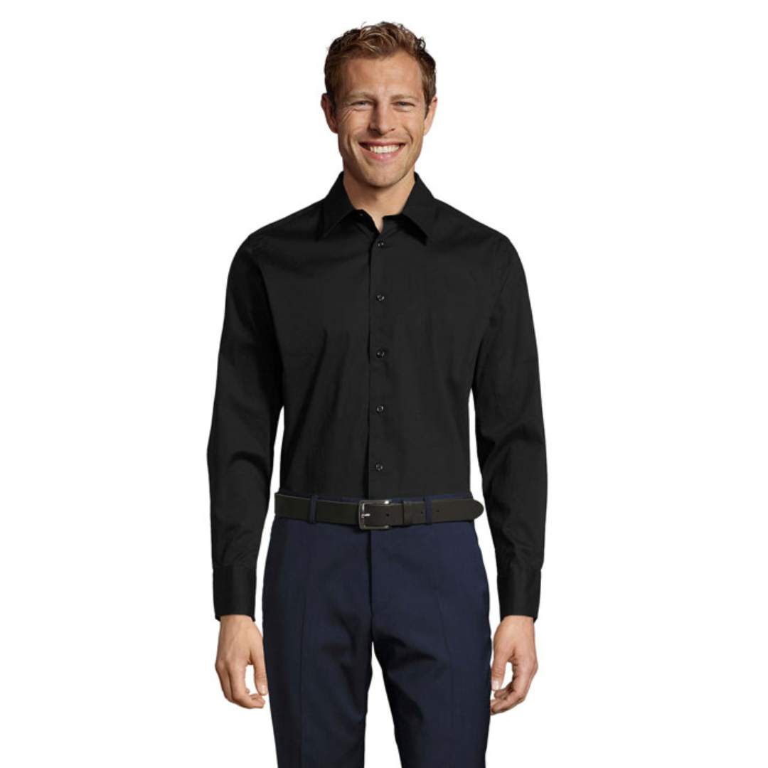 Shirt with logo Men BRIGHTON SOL'S BRIGHTON Men Shirt 140g. Made out of cotton elastane, with a fitted cut, it provides a pleasant ironed look and comfort. Very trendy product. Fitted cut. Long sleeves. Single button collar. Cuffs with 2 buttons and bound slit. 7 tone-on-tone button placket. Fabric details: 97% cotton - 3% elastane. OEKO-TEX®. Only Sold with Print. Available color: White, Black Dimensions: 57 X 37 X 30 CM Volume: 0.001 cdm3 Gross Weight: 0.361 kg Net Weight: 0.3 kg Magnus Business Gifts is your partner for merchandising, gadgets or unique business gifts since 1967. Certified with Ecovadis gold!