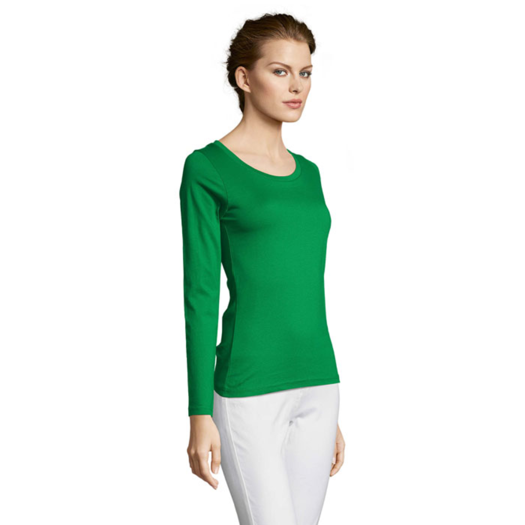 T-shirt with logo women MAJESTIC SOL'S MAJESTIC; WOMEN'S ROUND NECK LONG SLEEVE T-SHIRT; 100% semi-combed Ringspun cotton Jersey 150; Reinforcing tape on neck; Round elastane rib collar; Low neckline; Fitted cut; Ribless cuffs; Cut and sewn; (1) Grey melange : 85 % cotton / 15 % viscose. Available color: Kelly Green, Deep Black, Navy, White Dimensions: 45 X 33 X 25 CM Volume: 0.001 cdm3 Gross Weight: 0.145 kg Net Weight: 0.128 kg Magnus Business Gifts is your partner for merchandising, gadgets or unique business gifts since 1967. Certified with Ecovadis gold!