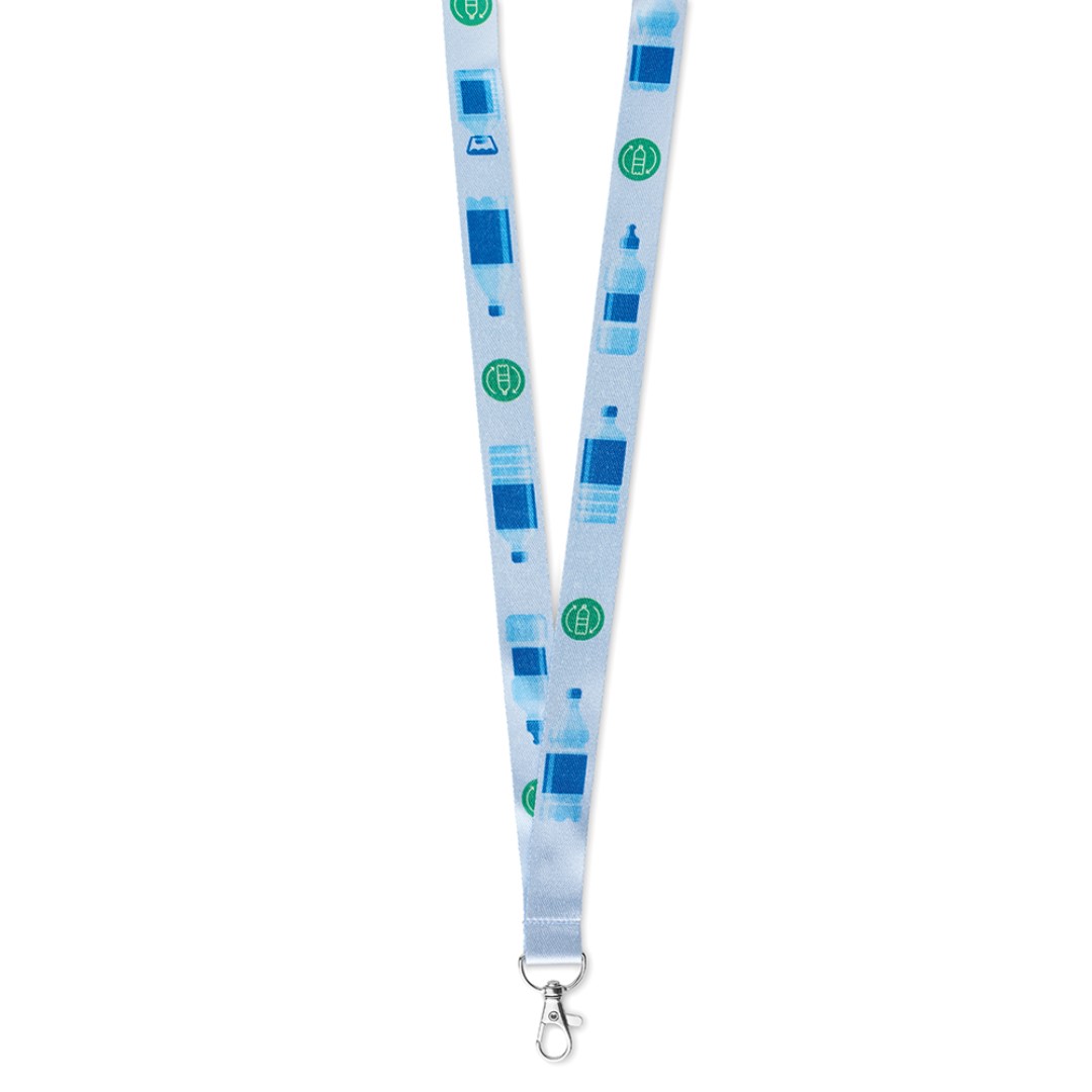 RPET sublimation lanyard Made in the EU: fine recycled polyester (RPET) lanyard with a metal carabiner. The ca. 90cm ribbons are printed with a full colour sublimation for all unique designs and photographic images; printed on one or two sides. The lanyard is cut to size after printing and the positioning of the logo on the reverse of the item may be different per lanyard. It is therefore recommended to use repeated, non-positioned designs for the reverse side. Magnus Business Gifts is your partner for merchandising, gadgets or unique business gifts since 1967. Certified with Ecovadis gold!