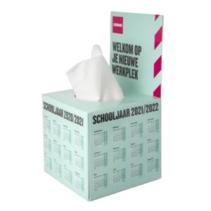 Tissue box with logo Flap Square tissue box with flap, filled with 50 pieces 3-layer tissues. Delivery time 4 weeks. Dimensions Article length 10 centimeter Article width 10 centimeter Article height 20 centimeter Magnus Business Gifts is your partner for merchandising, gadgets or unique business gifts since 1967. Certified with Ecovadis gold!