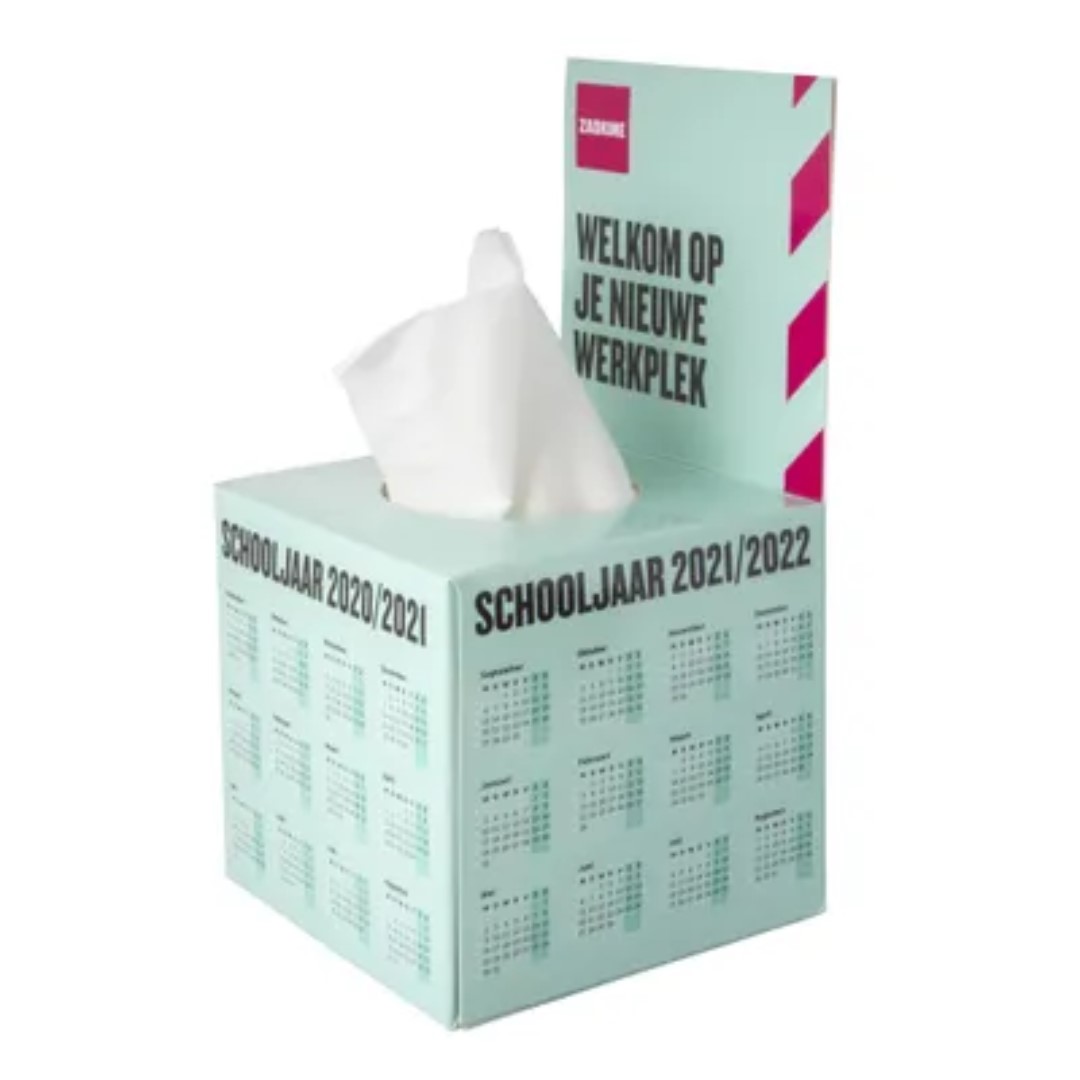 Tissue box with logo Flap Square tissue box with flap, filled with 50 pieces 3-layer tissues. Delivery time 4 weeks. Dimensions Article length 10 centimeter Article width 10 centimeter Article height 20 centimeter Magnus Business Gifts is your partner for merchandising, gadgets or unique business gifts since 1967. Certified with Ecovadis gold!