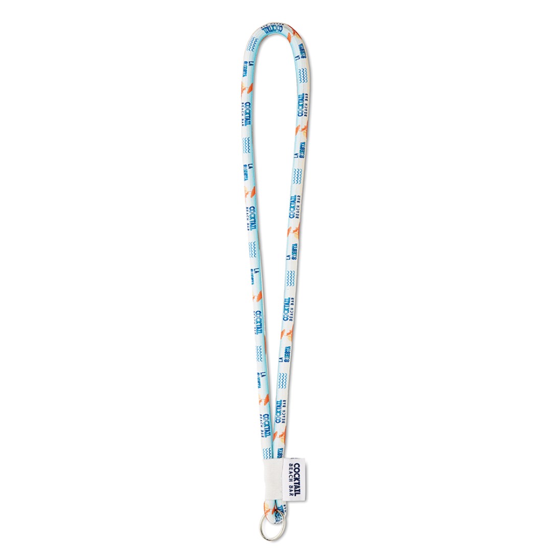 Key cord with woven label Polyester cord lanyard with a 4 colour woven label and a metal carabiner or choose from one of the other clip options. The ca. 90cm white cord is printed with a full colour sublimation and is suitable for repeated designs as the logo positioning can not be determined exactly. Magnus Business Gifts is your partner for merchandising, gadgets or unique business gifts since 1967. Certified with Ecovadis gold!