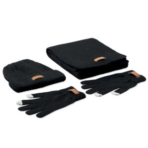 Winter set with logo mints and scarf Denali 3 piece winter set. Including RPET beanie, scarf and tactile gloves with label for printing area. Embrace the cold winter weather with these matching accessories. Made from recycled PET plastic, these items are a great sustainable choice. The contrasting label on each items gives it a stylish touch. Magnus Business Gifts is your partner for merchandising, gadgets or unique business gifts since 1967. Certified with Ecovadis gold!