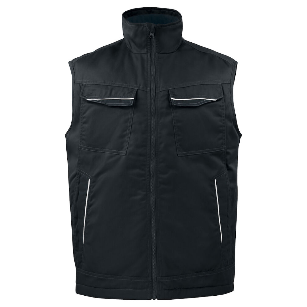 Projob Bodywarmer with logo Padded vest with zipper up to collar at front, with internal windflap and chin guard to prevent wind draft and chafing. Fleece lining in collar for increased comfort. Breast pockets on both sides, on the left side internal bracket for ID-card holder. Side pockets with zippers. Spacious inner pockets, also one phone pocket with Velcro closure. Extended back. Reflective piping at back and on front pockets. Lining can be opened to facilitate printing and embroidery. Available color: Skyblue, Blue, Red, Forest green, Khaki, Grey, Black Material: 65% polyester, 35% cotton 245 g/m2 Lining: 100% polyester Magnus Business Gifts is your partner for merchandising, gadgets or unique business gifts since 1967. Certified with Ecovadis gold!