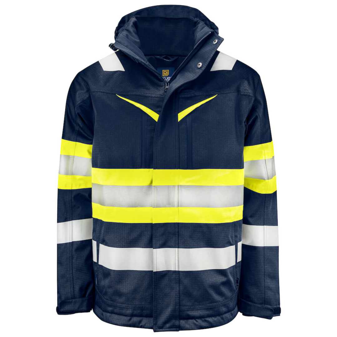 Projob Functional jacket with logo ISO20471 Class 1 Wind- and waterproof, rip-stop material Quilted lining. taped seams. 2-way zipper at the front covered with a flap. This storm flap can be closed with press studs. Chest pocket on both sides with zipper. Left chest pocket with loop for badge holder Side pockets with zipper. 2 inner pockets with zipper. Left inner pocket has an extra open pocket with velcro closure. Available color: Yellow/ Back, Yellow/ Navy Material : 80% polyester, 20% cotton - 235 g/m² Magnus Business Gifts is your partner for merchandising, gadgets or unique business gifts since 1967. Certified with Ecovadis gold!