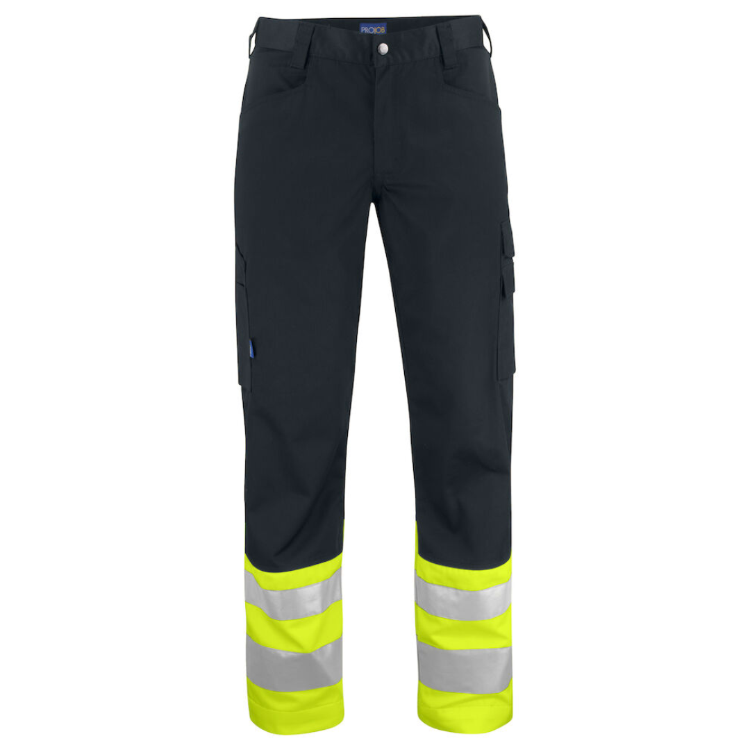 Projob High-rise Trousers with logo ISO 20471 Class 1 Trousers in easycare material made of polyester/cotton that ensures good retention of shape and color. Spacious front and side pockets. Two back pockets with flap. Leg pocket with flap and ruler pocket. Available color: Black/ Orange, Yellow/ Black, Yellow/ Navy Material: 65% polyester, 35% cotton 245 g/m² Magnus Business Gifts is your partner for merchandising, gadgets or unique business gifts since 1967. Certified with Ecovadis gold!