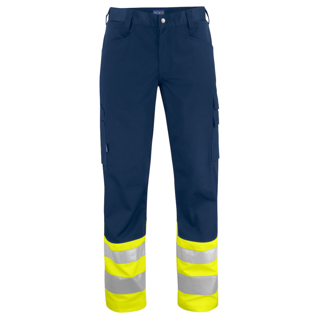Projob High-rise Trousers with logo ISO 20471 Class 1 Trousers in easycare material made of polyester/cotton that ensures good retention of shape and color. Spacious front and side pockets. Two back pockets with flap. Leg pocket with flap and ruler pocket. Available color: Black/ Orange, Yellow/ Black, Yellow/ Navy Material: 65% polyester, 35% cotton 245 g/m² Magnus Business Gifts is your partner for merchandising, gadgets or unique business gifts since 1967. Certified with Ecovadis gold!