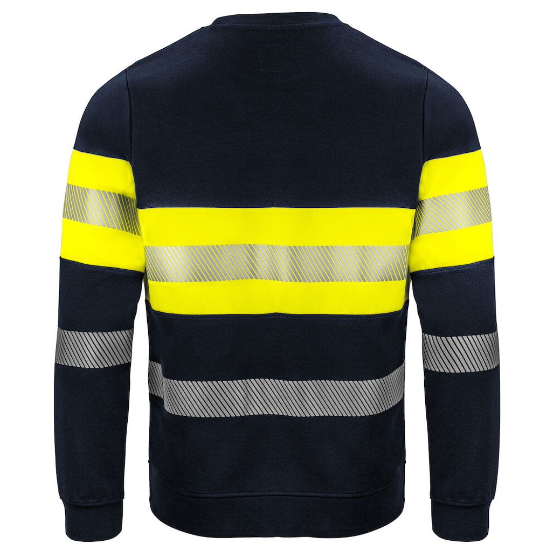 Projob Sweater with logo ISO 20471 Class 1 Round neck sweater. Sealed and segmented reflective strips with stretch from 3M. Ribbed hem and at the ends of the sleeves. Available color: Yellow/ Navy, Yellow/ Black Material 1: 80% polyester, 20% cotton, 320 g/m² Material 2: (signaling) 65% polyester, 35% cotton 300 g/m² Magnus Business Gifts is your partner for merchandising, gadgets or unique business gifts since 1967. Certified with Ecovadis gold!