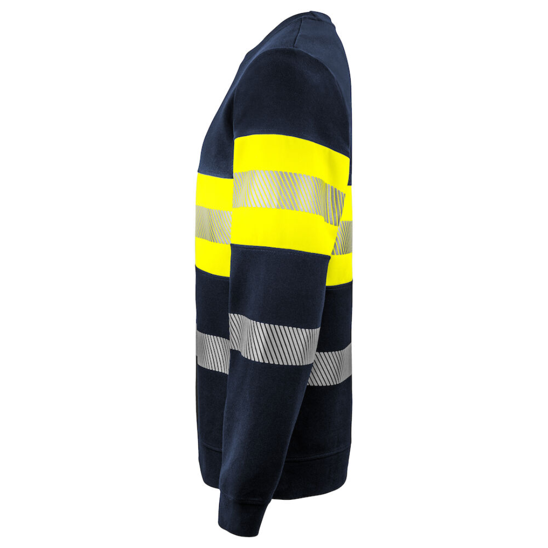 Projob Sweater with logo ISO 20471 Class 1 Round neck sweater. Sealed and segmented reflective strips with stretch from 3M. Ribbed hem and at the ends of the sleeves. Available color: Yellow/ Navy, Yellow/ Black Material 1: 80% polyester, 20% cotton, 320 g/m² Material 2: (signaling) 65% polyester, 35% cotton 300 g/m² Magnus Business Gifts is your partner for merchandising, gadgets or unique business gifts since 1967. Certified with Ecovadis gold!