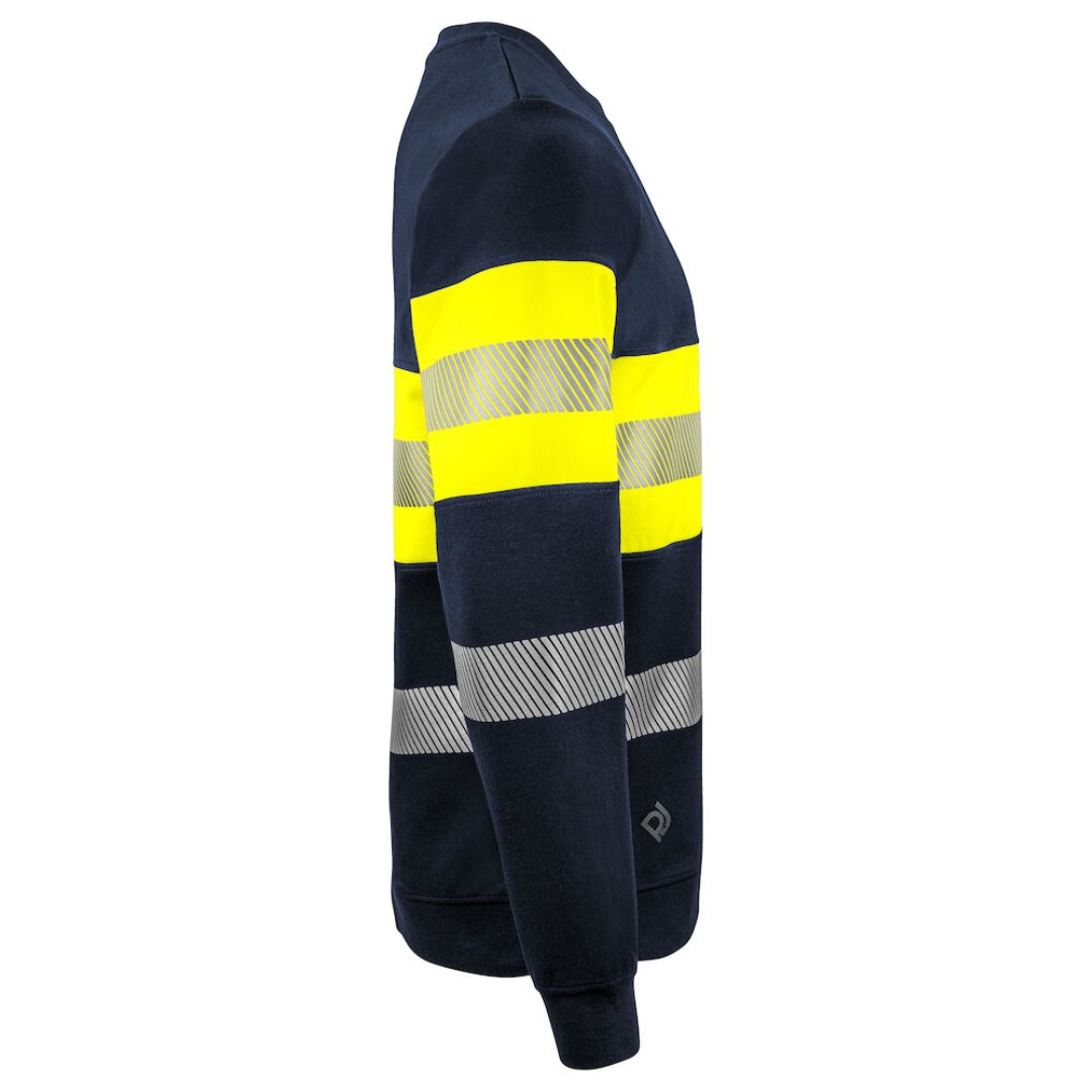 Projob Sweater with logo ISO 20471 Class 1 Round neck sweater. Sealed and segmented reflective strips with stretch from 3M. Ribbed hem and at the ends of the sleeves. Available color: Yellow/ Navy, Yellow/ Black Material 1: 80% polyester, 20% cotton, 320 g/m² Material 2: (signaling) 65% polyester, 35% cotton 300 g/m² Magnus Business Gifts is your partner for merchandising, gadgets or unique business gifts since 1967. Certified with Ecovadis gold!