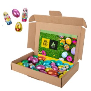 Happy Easter Box with logo Chocolate Mix Celebrate the joy of Easter with our delightful Happy Easter Box Chocolate Mix, customized with your logo! This special treat comes packaged in a charming brown carton box adorned with a full-color printed sticker and an A6 size card, creating a festive presentation that's sure to spread cheer. Inside each box awaits approximately 250 grams of our irresistible chocolate Easter mix, carefully curated to bring smiles to every recipient. Dimensions: L19.50cm -W12cm - H3cm Magnus Business Gifts is your partner for merchandising, gadgets or unique business gifts since 1967. Certified with Ecovadis gold!