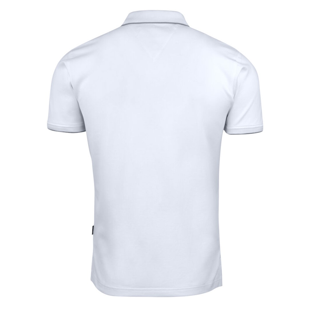 Golf Polo with logo Greenville Men Introducing our stylish and comfortable men's polo shirt, designed to enhance your performance on the golf course while keeping you looking and feeling your best. Crafted from high-quality materials and featuring thoughtful design details, this golf polo with logo is the perfect addition to any golfer's wardrobe. Our polo shirt is tailored for both style and comfort, with a classic white stripe at the collar and sleeves adding a touch of sophistication to the design. Made from a comfortable stretch material in Lacoste knit, it offers freedom of movement and flexibility, allowing you to swing with ease and confidence. The enzyme-washed finish gives the polo shirt a soft and luxurious feel, while the short placket and absence of buttons add a modern and streamlined look. The grey stripe on white polo shirts adds a subtle contrast, creating a timeless and elegant aesthetic that is sure to turn heads on the course. Magnus Business Gifts is your partner for merchandising, gadgets or unique business gifts since 1967. Certified with Ecovadis gold!