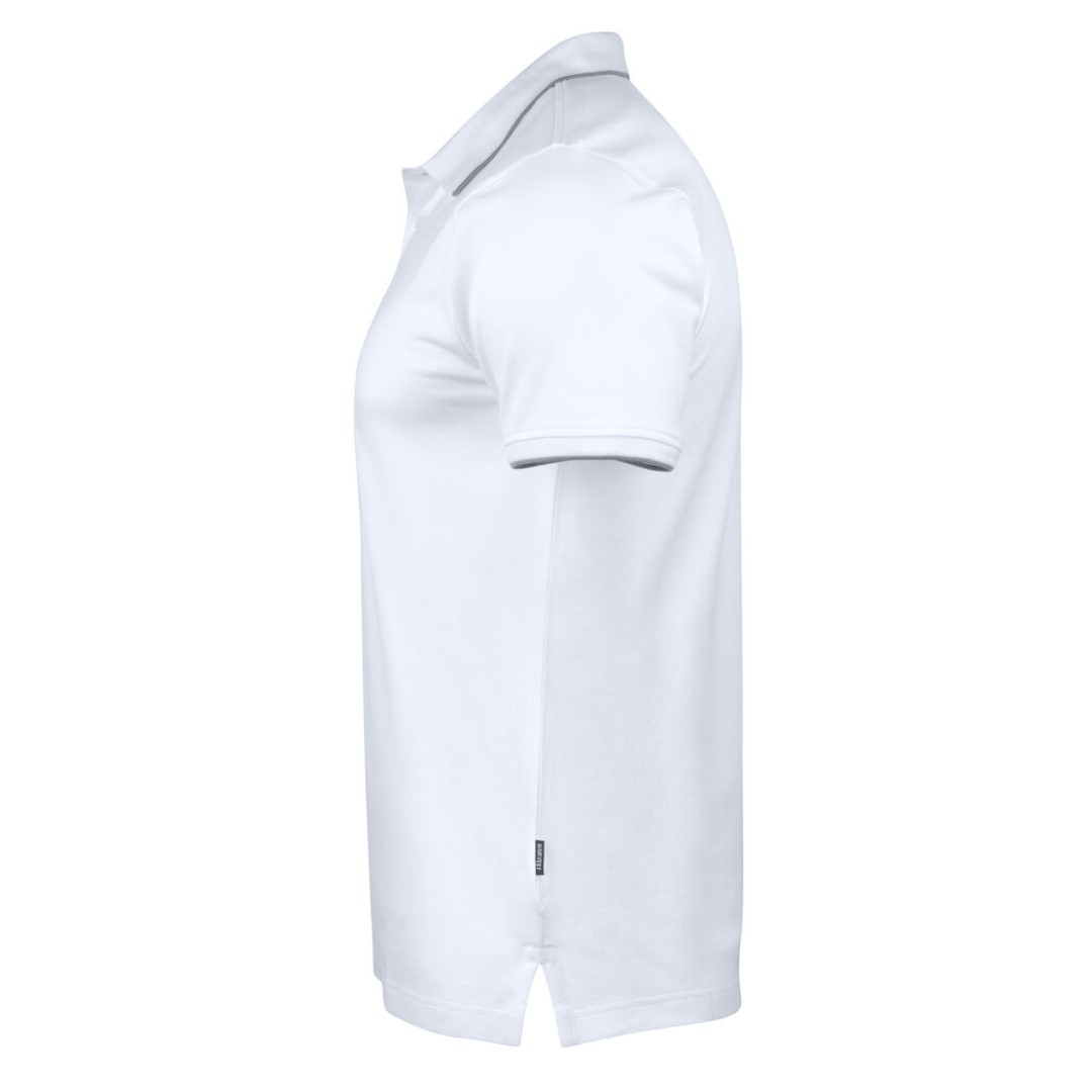 Golf Polo with logo Greenville Men Introducing our stylish and comfortable men's polo shirt, designed to enhance your performance on the golf course while keeping you looking and feeling your best. Crafted from high-quality materials and featuring thoughtful design details, this golf polo with logo is the perfect addition to any golfer's wardrobe. Our polo shirt is tailored for both style and comfort, with a classic white stripe at the collar and sleeves adding a touch of sophistication to the design. Made from a comfortable stretch material in Lacoste knit, it offers freedom of movement and flexibility, allowing you to swing with ease and confidence. The enzyme-washed finish gives the polo shirt a soft and luxurious feel, while the short placket and absence of buttons add a modern and streamlined look. The grey stripe on white polo shirts adds a subtle contrast, creating a timeless and elegant aesthetic that is sure to turn heads on the course. Magnus Business Gifts is your partner for merchandising, gadgets or unique business gifts since 1967. Certified with Ecovadis gold!