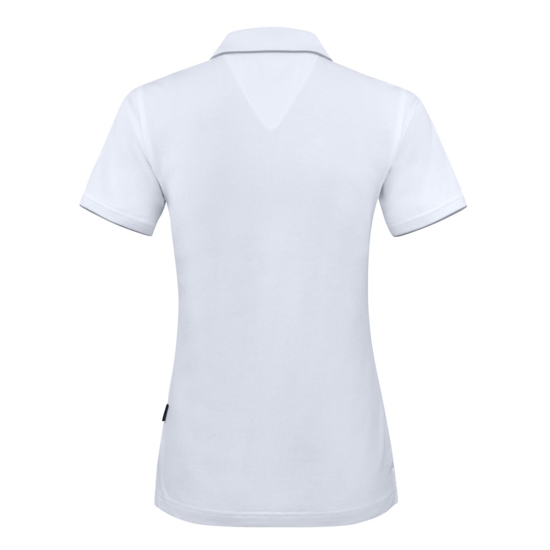 Golf Polo with logo Greenville Ladies Introducing our stylish and comfortable women's polo shirt, designed to enhance your performance on the golf course while keeping you looking and feeling your best. Crafted from high-quality materials and featuring thoughtful design details, this polo shirt is the perfect addition to any golfer's wardrobe. Our polo shirt is tailored for both style and comfort, with a classic white stripe at the collar and sleeves adding a touch of sophistication to the design. Made from a comfortable stretch material in Lacoste knit, it offers freedom of movement and flexibility, allowing you to swing with ease and confidence. The enzyme-washed finish gives the polo shirt a soft and luxurious feel, while the short placket and absence of buttons add a modern and streamlined look. The grey stripe on white polo shirts adds a subtle contrast, creating a timeless and elegant aesthetic that is sure to turn heads on the course. Magnus Business Gifts is your partner for merchandising, gadgets or unique business gifts since 1967. Certified with Ecovadis gold!
