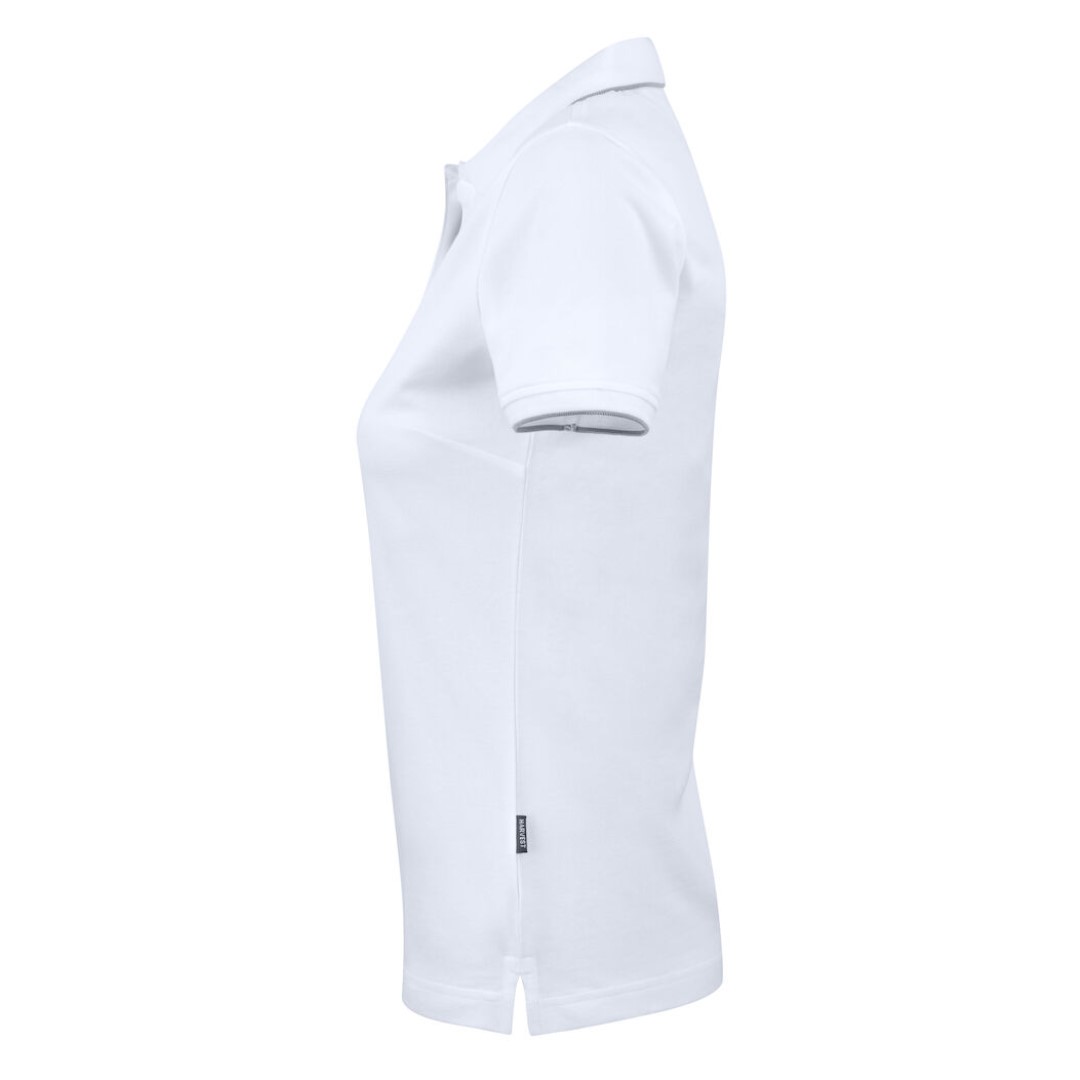 Golf Polo with logo Greenville Ladies Introducing our stylish and comfortable women's polo shirt, designed to enhance your performance on the golf course while keeping you looking and feeling your best. Crafted from high-quality materials and featuring thoughtful design details, this polo shirt is the perfect addition to any golfer's wardrobe. Our polo shirt is tailored for both style and comfort, with a classic white stripe at the collar and sleeves adding a touch of sophistication to the design. Made from a comfortable stretch material in Lacoste knit, it offers freedom of movement and flexibility, allowing you to swing with ease and confidence. The enzyme-washed finish gives the polo shirt a soft and luxurious feel, while the short placket and absence of buttons add a modern and streamlined look. The grey stripe on white polo shirts adds a subtle contrast, creating a timeless and elegant aesthetic that is sure to turn heads on the course. Magnus Business Gifts is your partner for merchandising, gadgets or unique business gifts since 1967. Certified with Ecovadis gold!