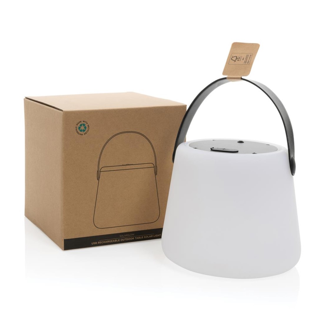 Solar Glow USB lamp with logo LED solar table light made with RCS certified recycled ABS. Total recycled content: 71% based on total item weight. RCS certification ensures a completely certified supply chain of the recycled materials. The torch uses a re-chargeable A-grade 1200 mah lithium battery so no need to replace the batteries. Simply re-charge via your USB socket and the integrated type C port. Including 80cm charging cable. Charging time by cable: 3 hours. 10 hours in bright sunlight will provide up to 3-4 hours of working time. Working time when fully charged: 20 hours. IPX 4 waterproof. Magnus Business Gifts is your partner for merchandising, gadgets or unique business gifts since 1967. Certified with Ecovadis gold!